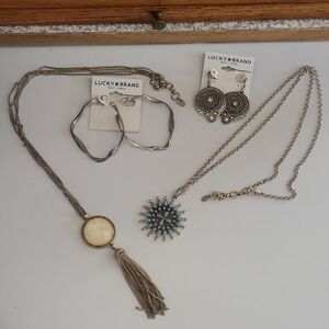 Lucky Brand Silver Gold Cream Necklace with Blue Accents Earrings 4 Bundle Lot